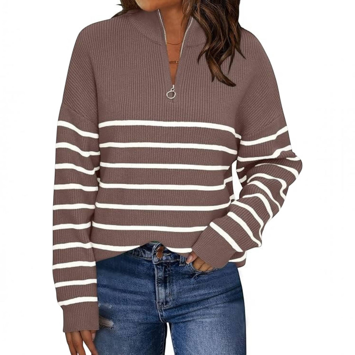 Womens Striped Quarter Zip Sweater - Oversized Mock Neck Knit Pullover