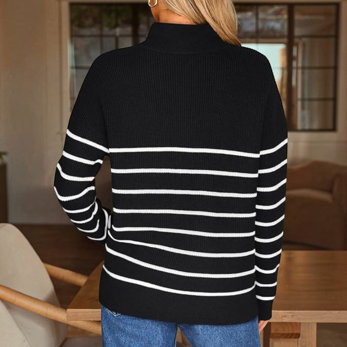 Womens Striped Quarter Zip Sweater - Oversized Mock Neck Knit Pullover