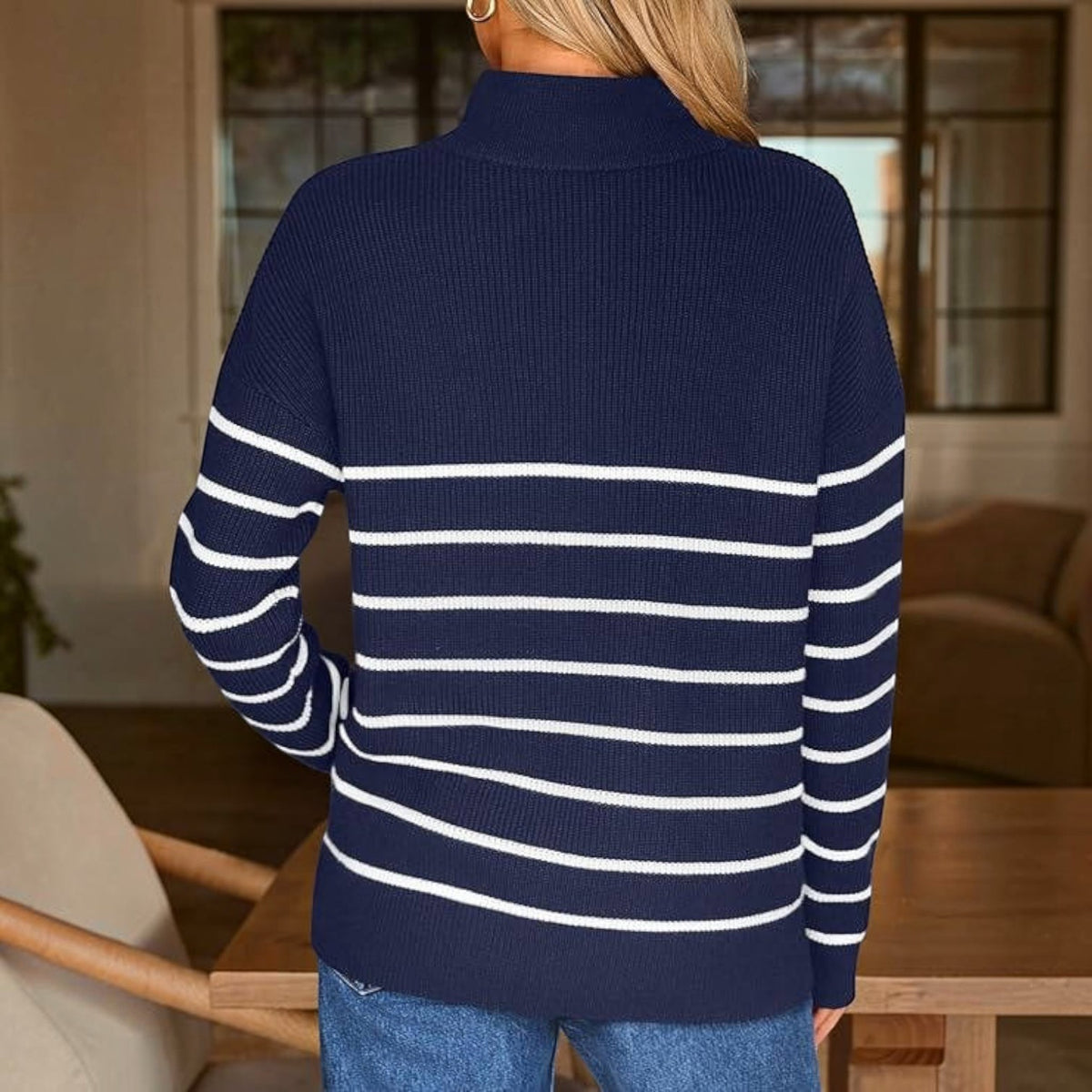 Womens Striped Quarter Zip Sweater - Oversized Mock Neck Knit Pullover