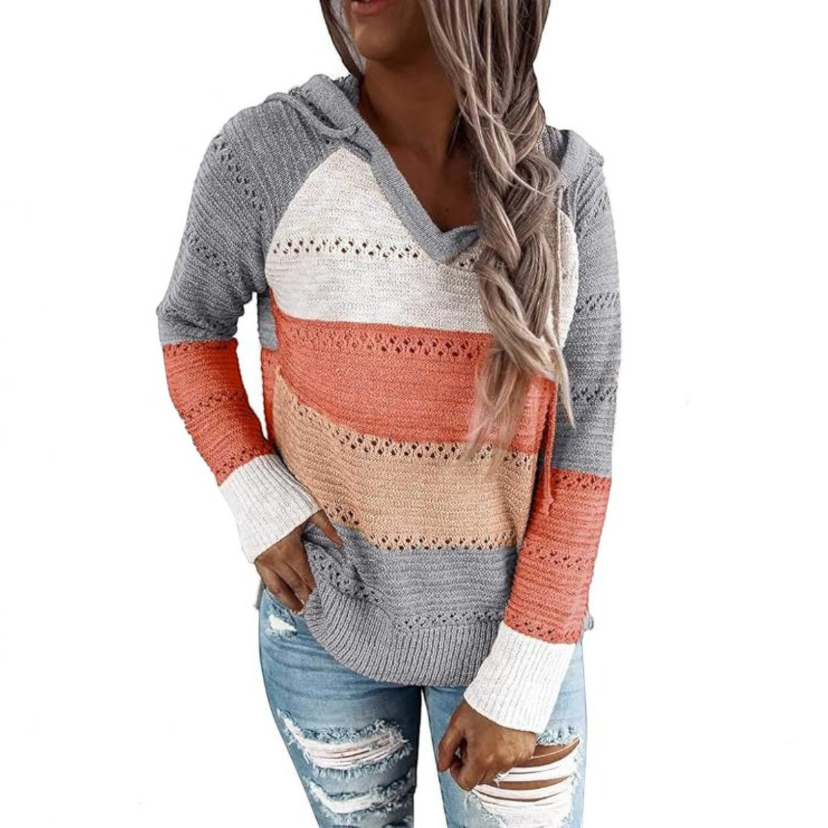 Womens Striped Crochet Sweater Hoodie, Long Sleeve Colorblock Lightweight Knit Pullover