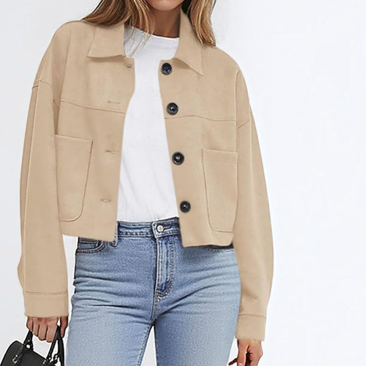 Womens Faux Suede Cropped Jacket, Lightweight Button Down Collared Shacket with Patch Pockets