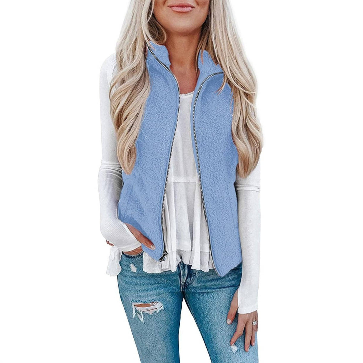 Womens Sherpa Fleece Vest, Fuzzy Lightweight Sleeveless Zipper Jacket with Pockets