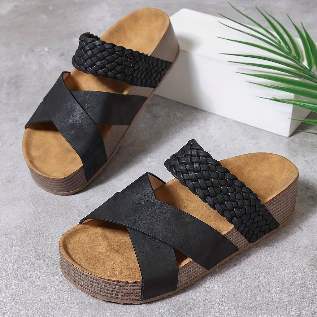 Women's Orthopedic Wedge Sandals, Open Toe Woven Crisscross Slide Shoes, Casual Platform Comfort Summer Slides