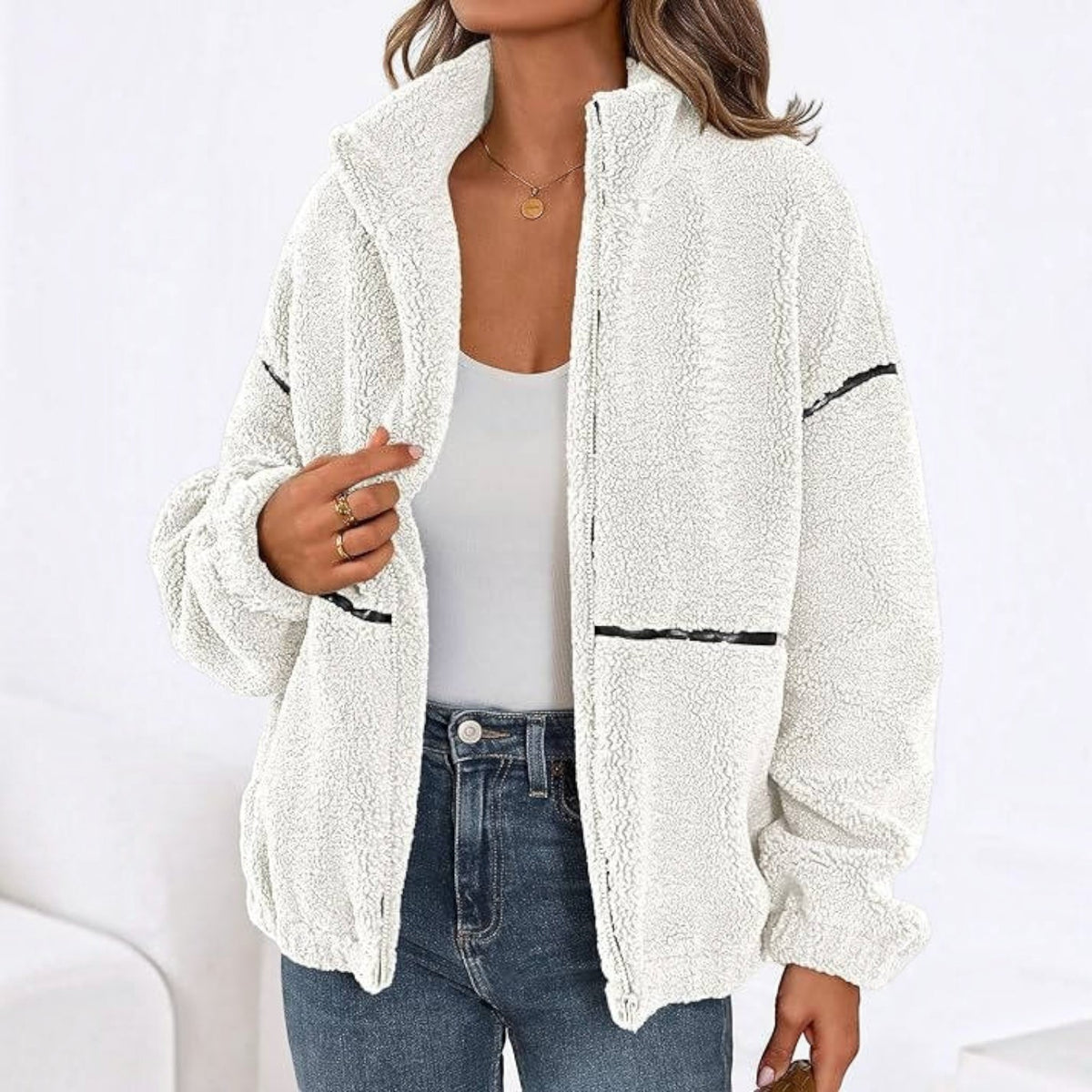 Womens Fleece Zip Up Jacket, Oversized Color Block Teddy Coat with Pockets, Warm Fall Winter Outerwear