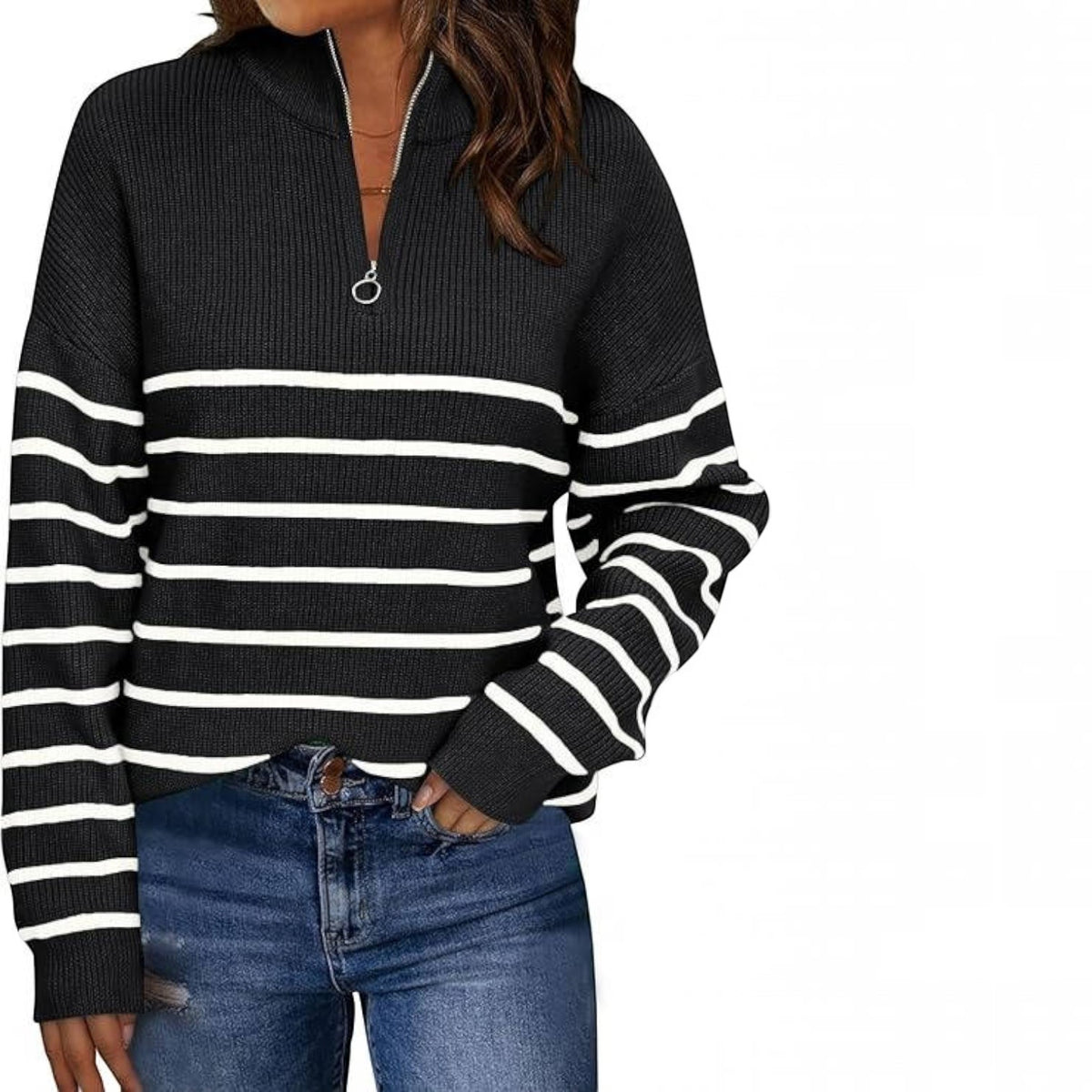 Womens Striped Quarter Zip Sweater - Oversized Mock Neck Knit Pullover