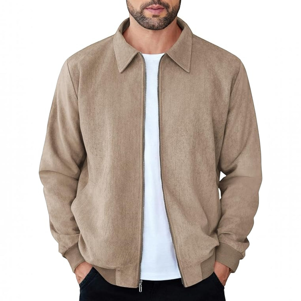 Mens Faux Suede Bomber Jacket - Lightweight Zip Up Fall Jacket