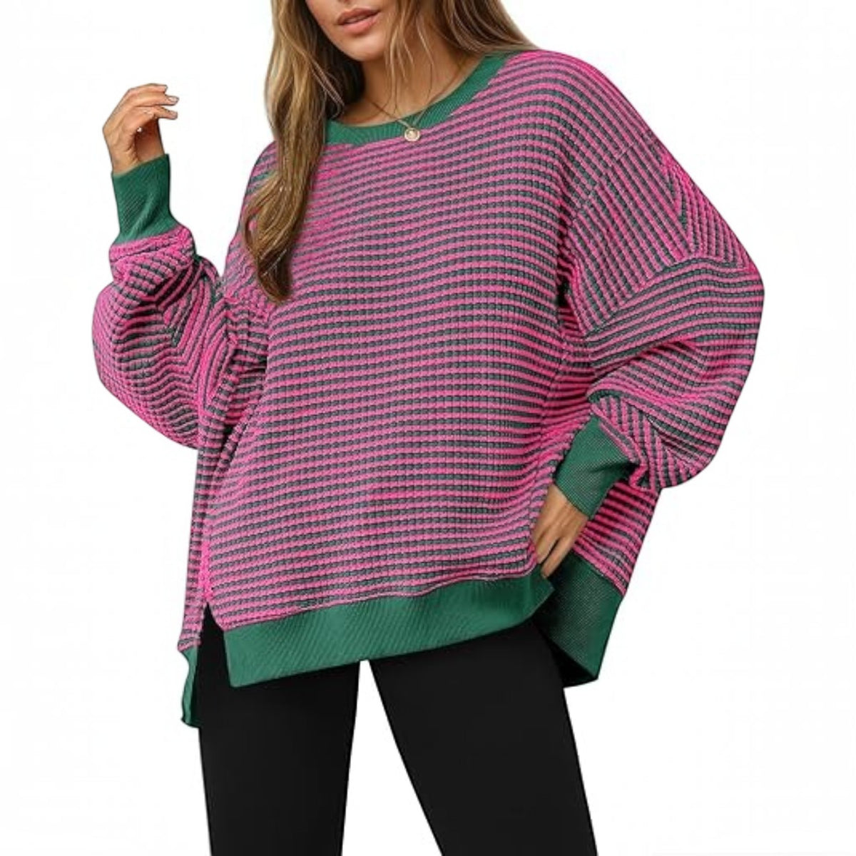 Womens Fall Oversized Sweatshirt, Casual Waffle Knit Long Sleeve Crewneck Split Pullover Tunic Tops