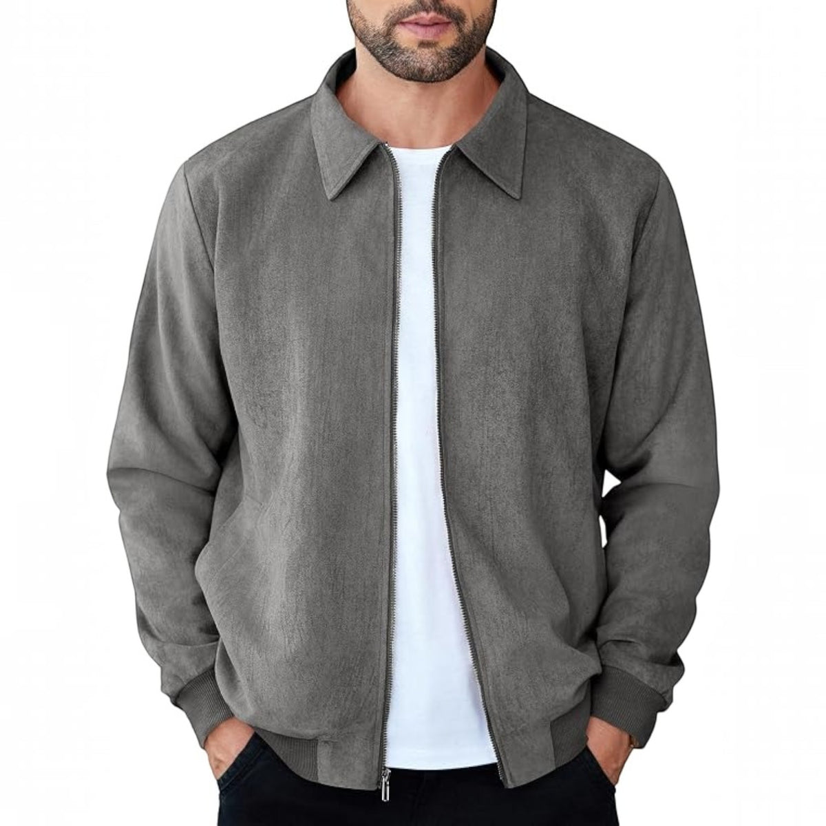 Mens Faux Suede Bomber Jacket - Lightweight Zip Up Fall Jacket
