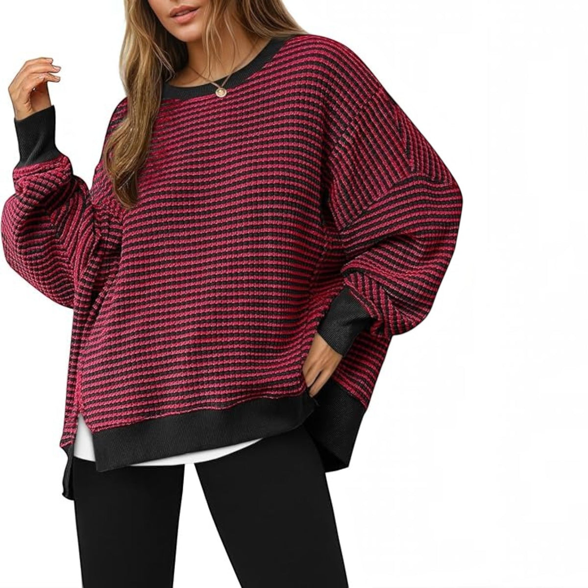 Womens Fall Oversized Sweatshirt, Casual Waffle Knit Long Sleeve Crewneck Split Pullover Tunic Tops