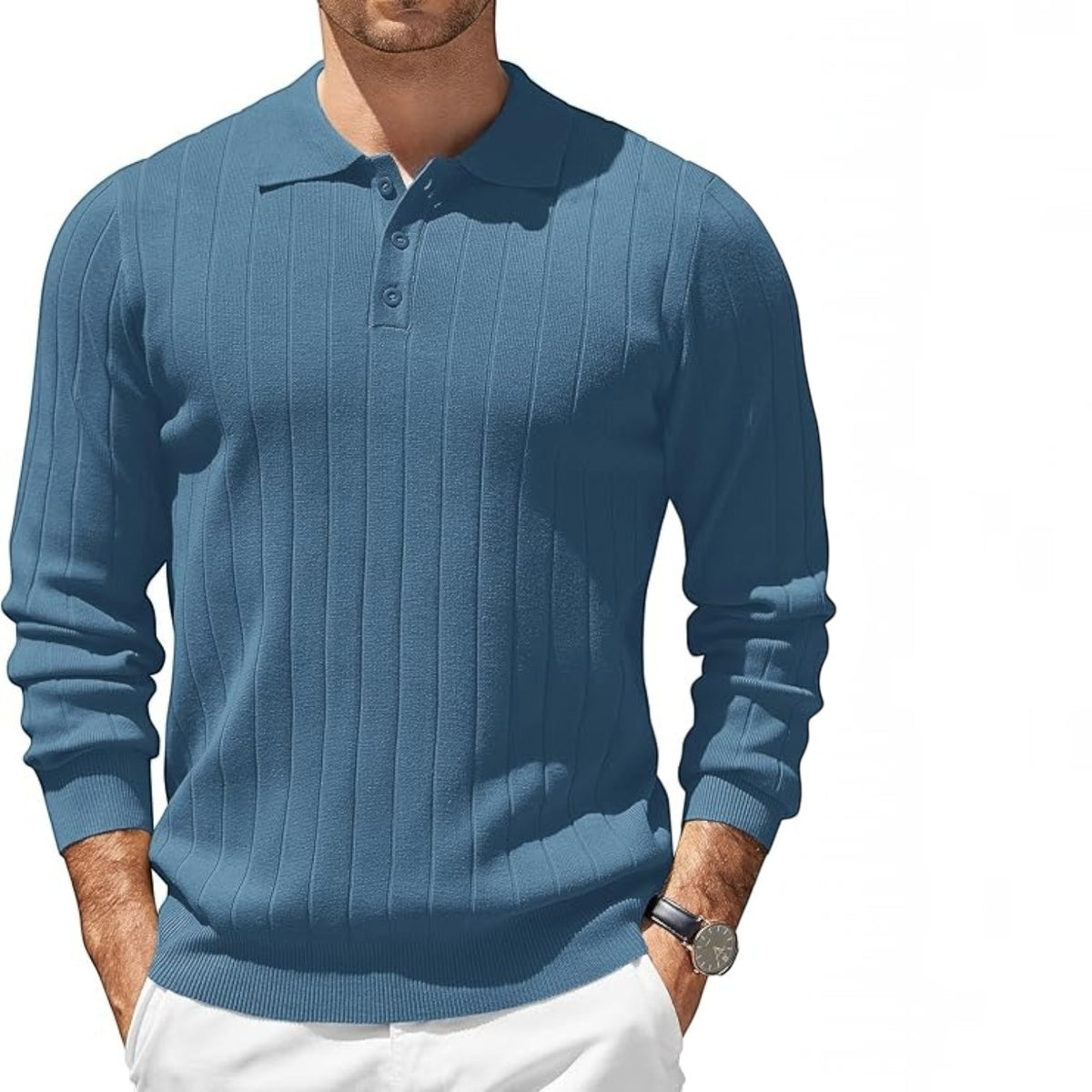 Mens Long Sleeve Knit Polo Shirt, 3 Button Lightweight Slim Fit Sweater, Casual Old Money Style