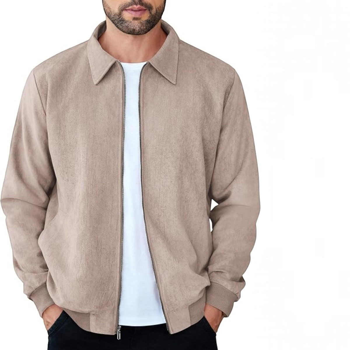 Mens Faux Suede Bomber Jacket - Lightweight Zip Up Fall Jacket