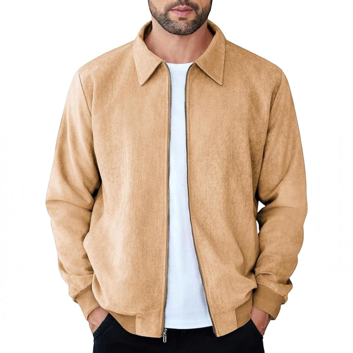 Mens Faux Suede Bomber Jacket - Lightweight Zip Up Fall Jacket