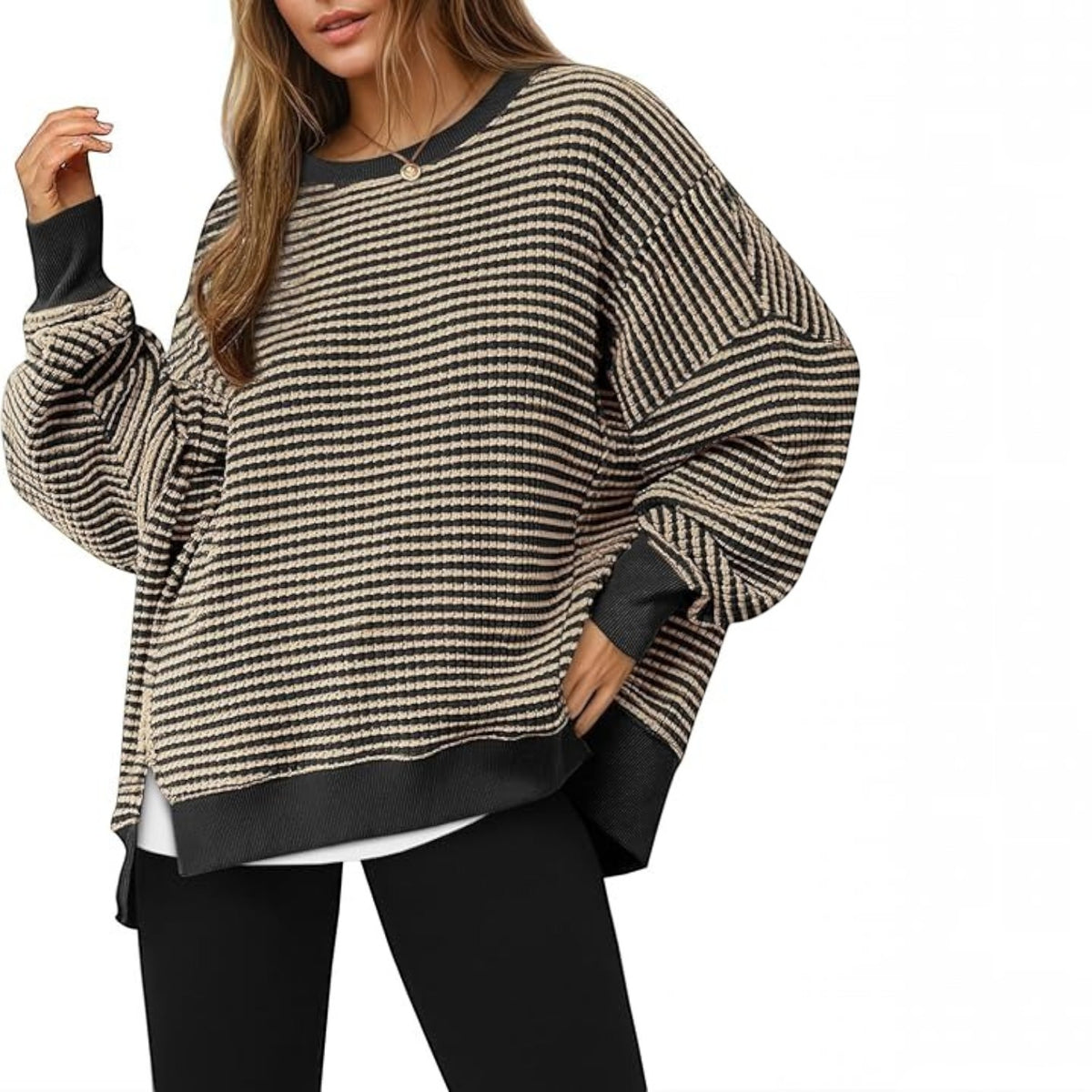 Womens Fall Oversized Sweatshirt, Casual Waffle Knit Long Sleeve Crewneck Split Pullover Tunic Tops