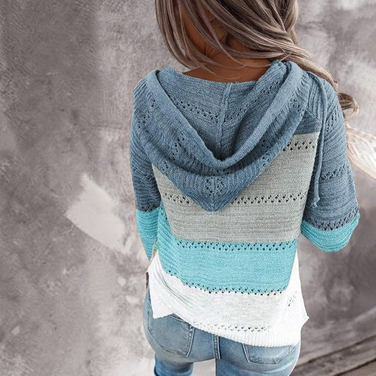 Womens Striped Crochet Sweater Hoodie, Long Sleeve Colorblock Lightweight Knit Pullover
