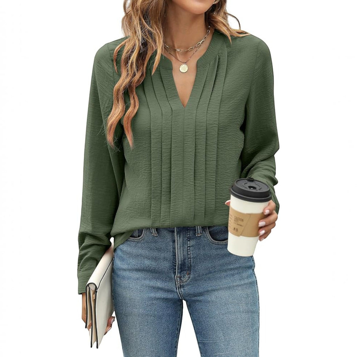 Womens Long Sleeve V-Neck Pleated Blouse - Business Casual Work Top