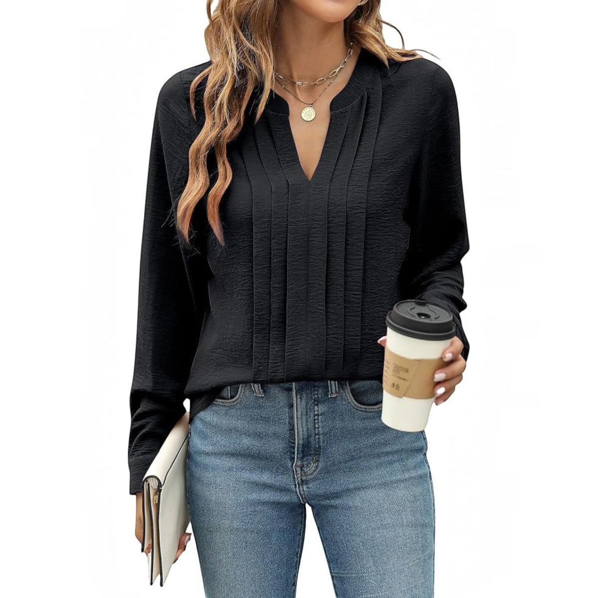 Womens Long Sleeve V-Neck Pleated Blouse - Business Casual Work Top