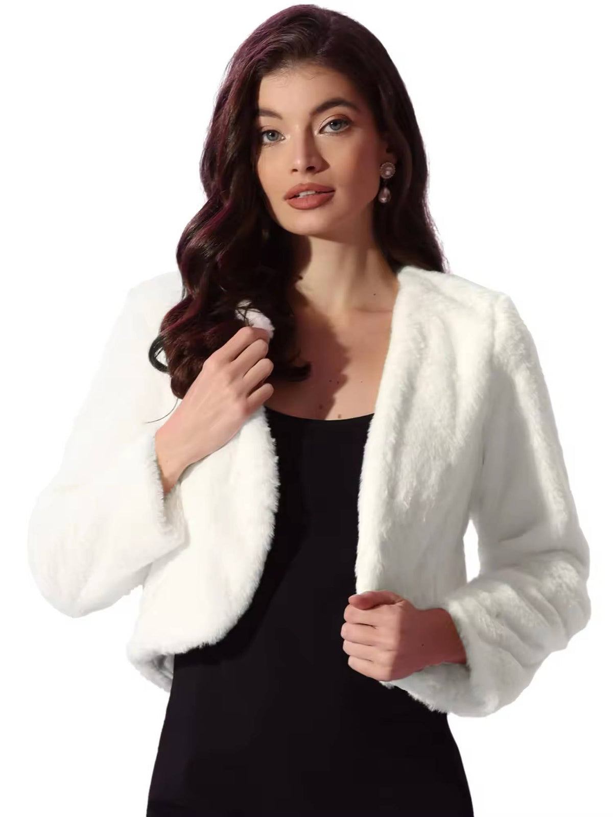 Womens Cropped Faux Fur Jacket, Long Sleeve Wedding Bolero Coat