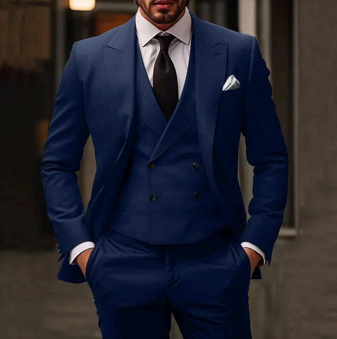Wool Blend Three Piece Suit with Double Breasted Waistcoat and Peak Lapels, Slim Fit