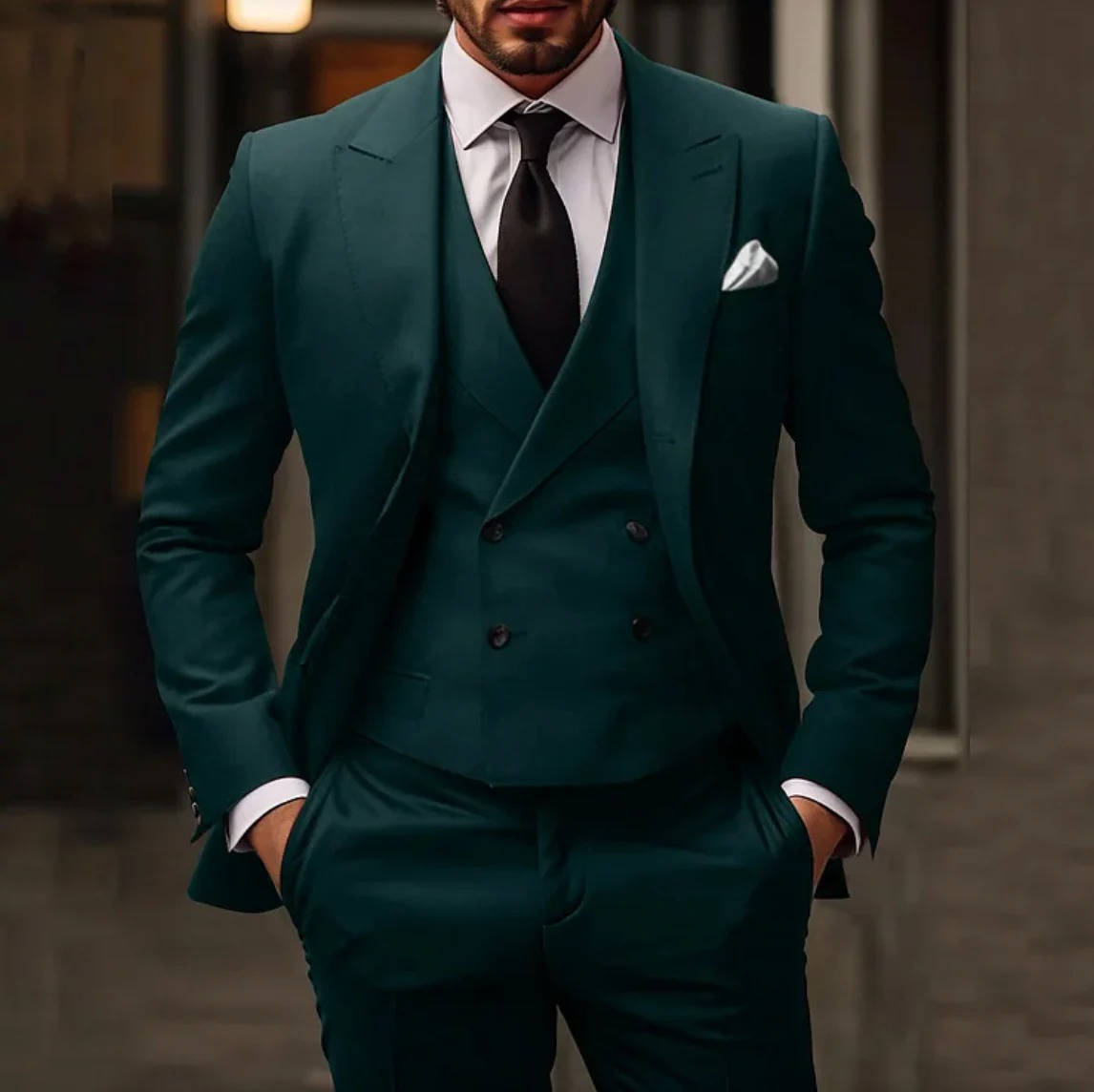 Wool Blend Three Piece Suit with Double Breasted Waistcoat and Peak Lapels, Slim Fit