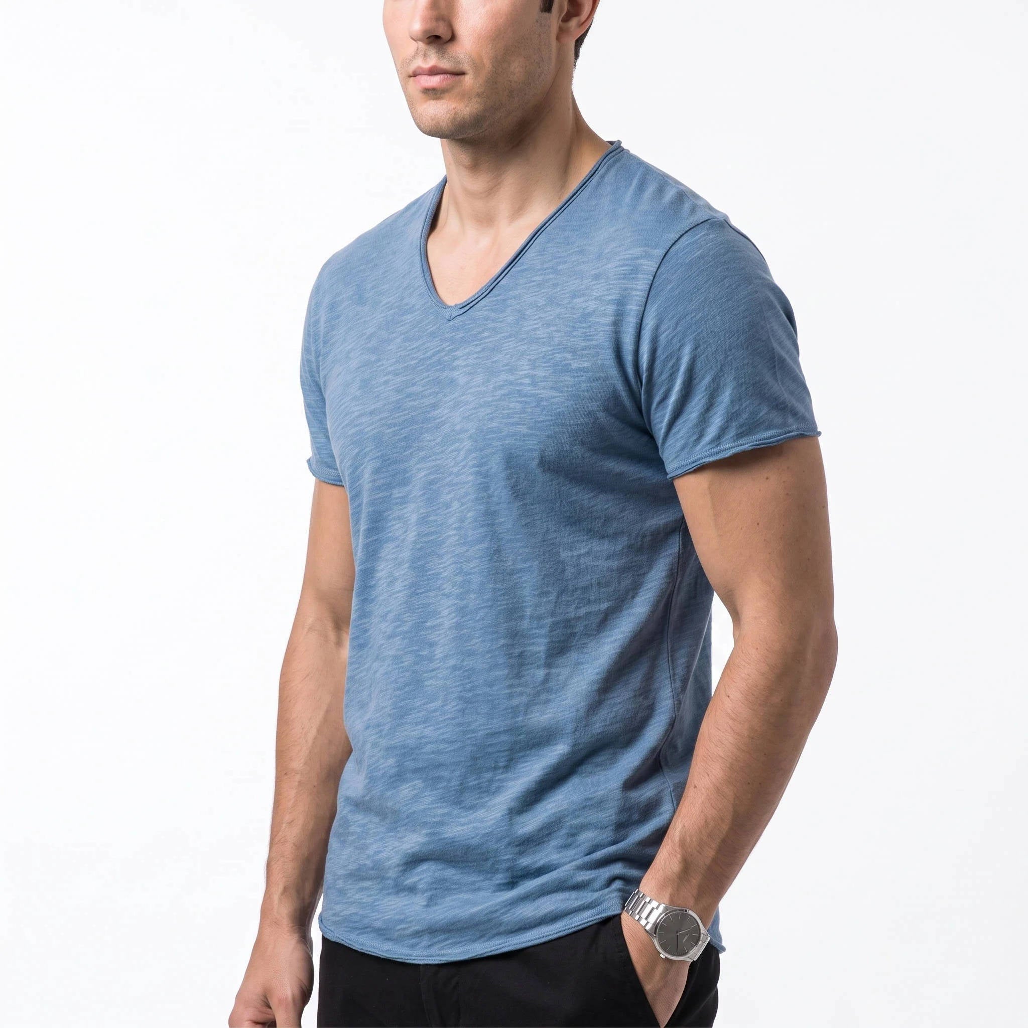 Men's Casual V Neck T Shirt, Breathable Slim Fit Short Sleeve Tee, Lightweight Cotton Slub Basic Top