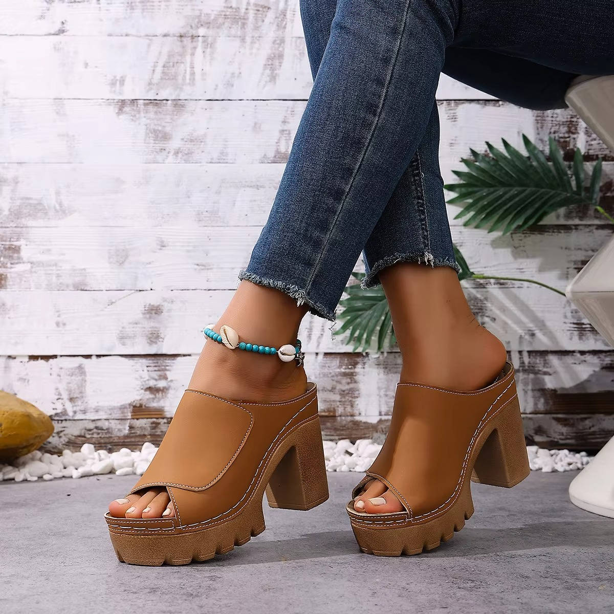 Women's Block Heel Mules, Open Toe Platform Sandals, Chunky High Heel Slip on Slide Shoes