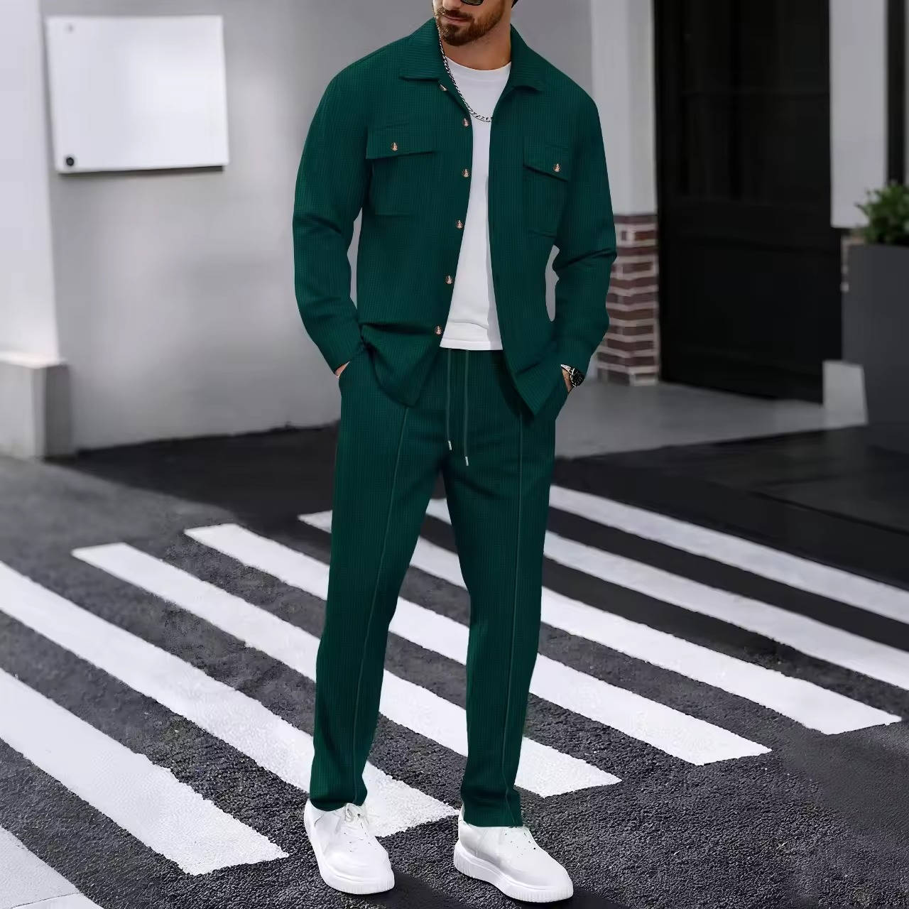 Mens 2 Piece Sweatsuit Set, Waffle Plaid Jacquard Jacket Top and Casual Pants, Fall Fashion Outfit