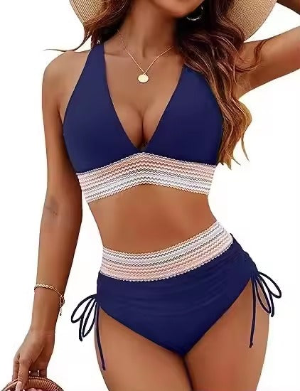 Women's High Waisted Bikini, Chevron Textured Trim Two Pieces Swimsuit, Ruched Drawstring Bathing Suit