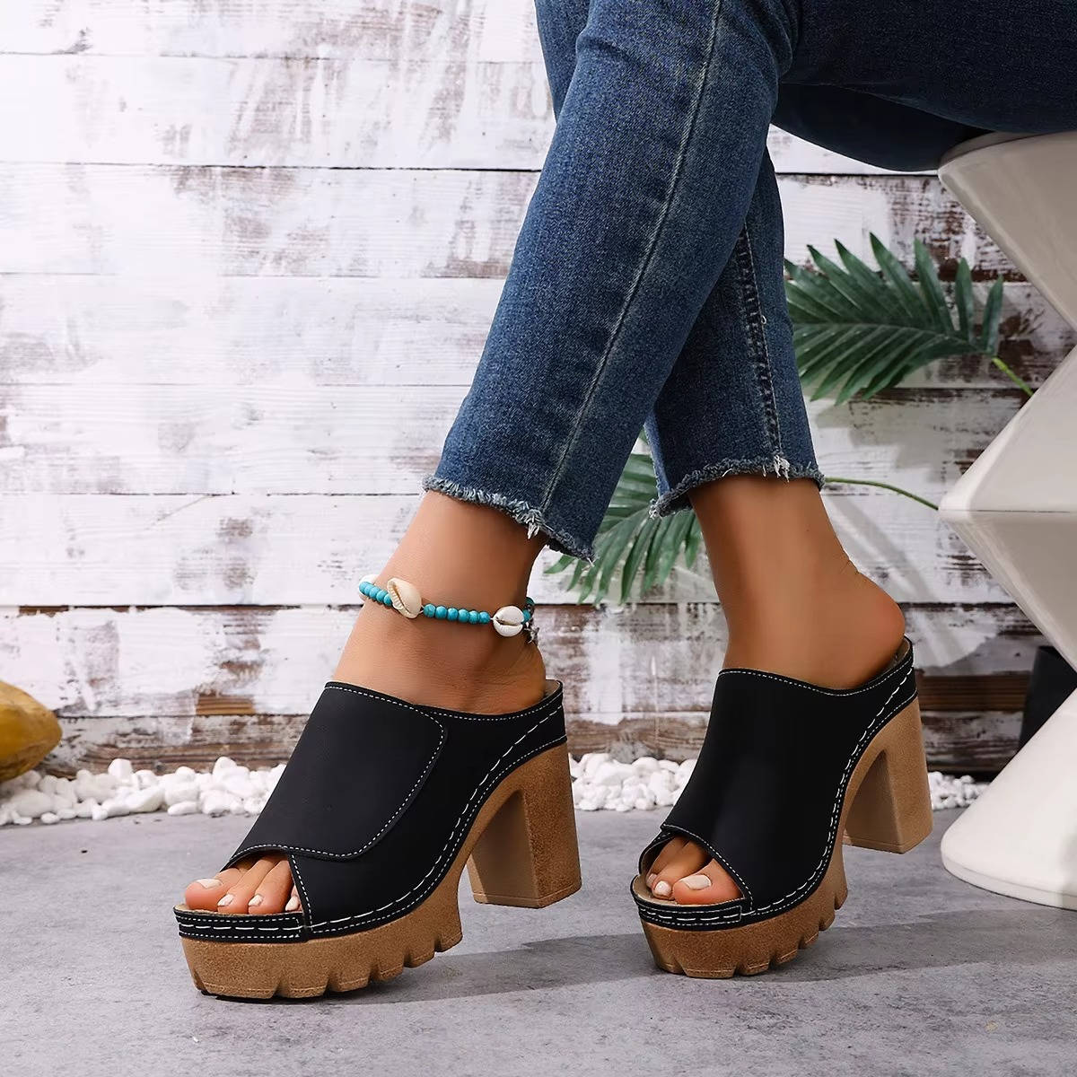 Women's Block Heel Mules, Open Toe Platform Sandals, Chunky High Heel Slip on Slide Shoes