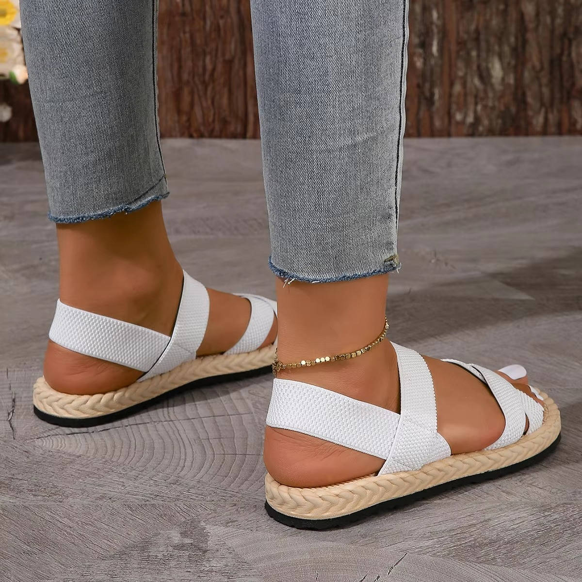 Women's Elastic Strap Sandals, Open Toe Cross Strap Flats, Casual Summer Beach Walking Shoes
