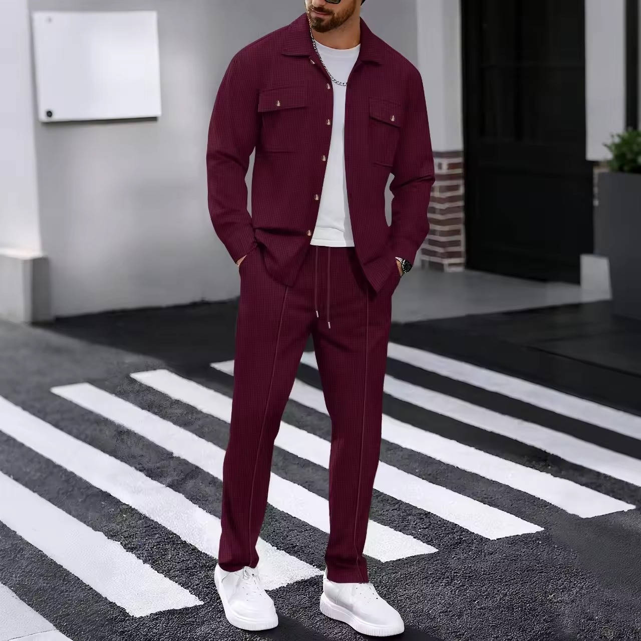 Mens 2 Piece Sweatsuit Set, Waffle Plaid Jacquard Jacket Top and Casual Pants, Fall Fashion Outfit