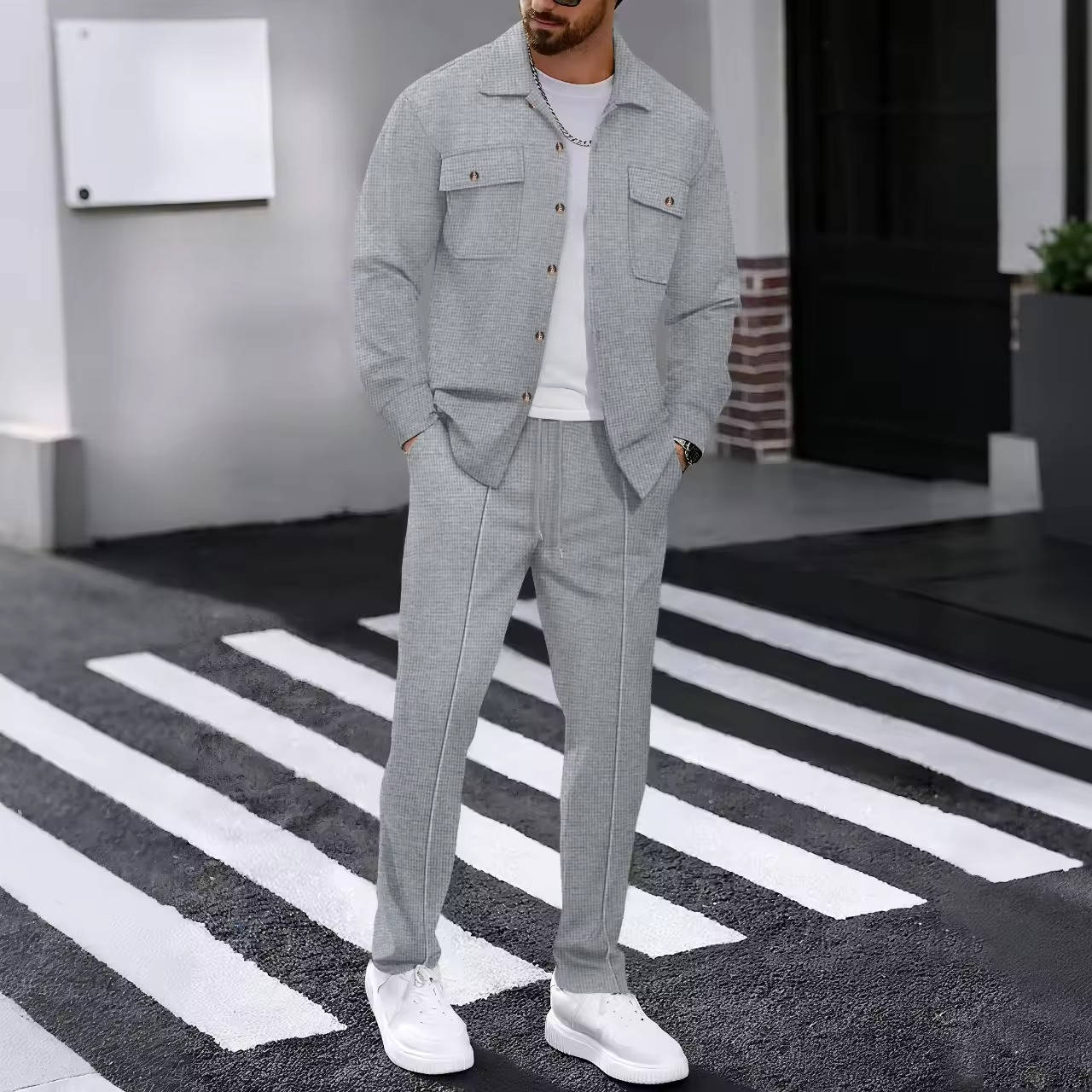 Mens 2 Piece Sweatsuit Set, Waffle Plaid Jacquard Jacket Top and Casual Pants, Fall Fashion Outfit