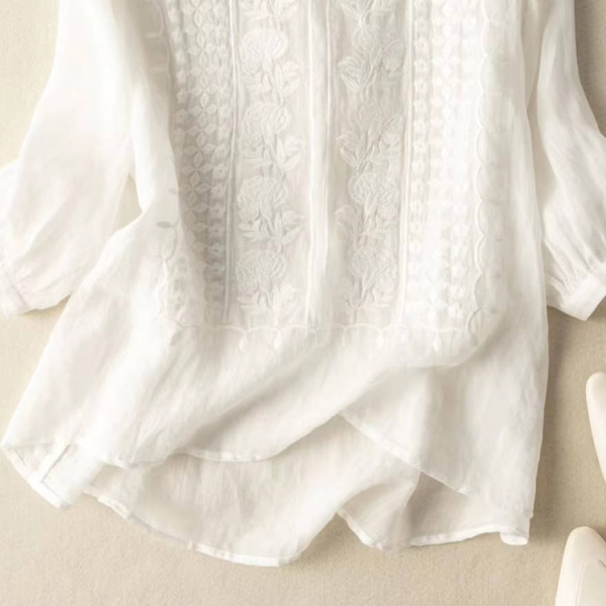 Women's Floral Relaxed Blouse, Elegant Loose Fit Botanical Print Long Sleeve Shirt, Chic Lightweight Breathable V Neck Casual Boho Tunic Top