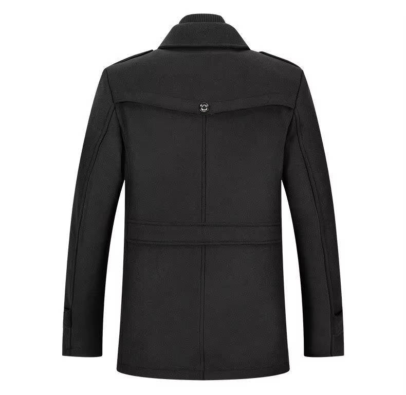 Men's Tweed Wool Coat, Korean Style Business Jacket, Double Neck, Front Zipper & Button Detail