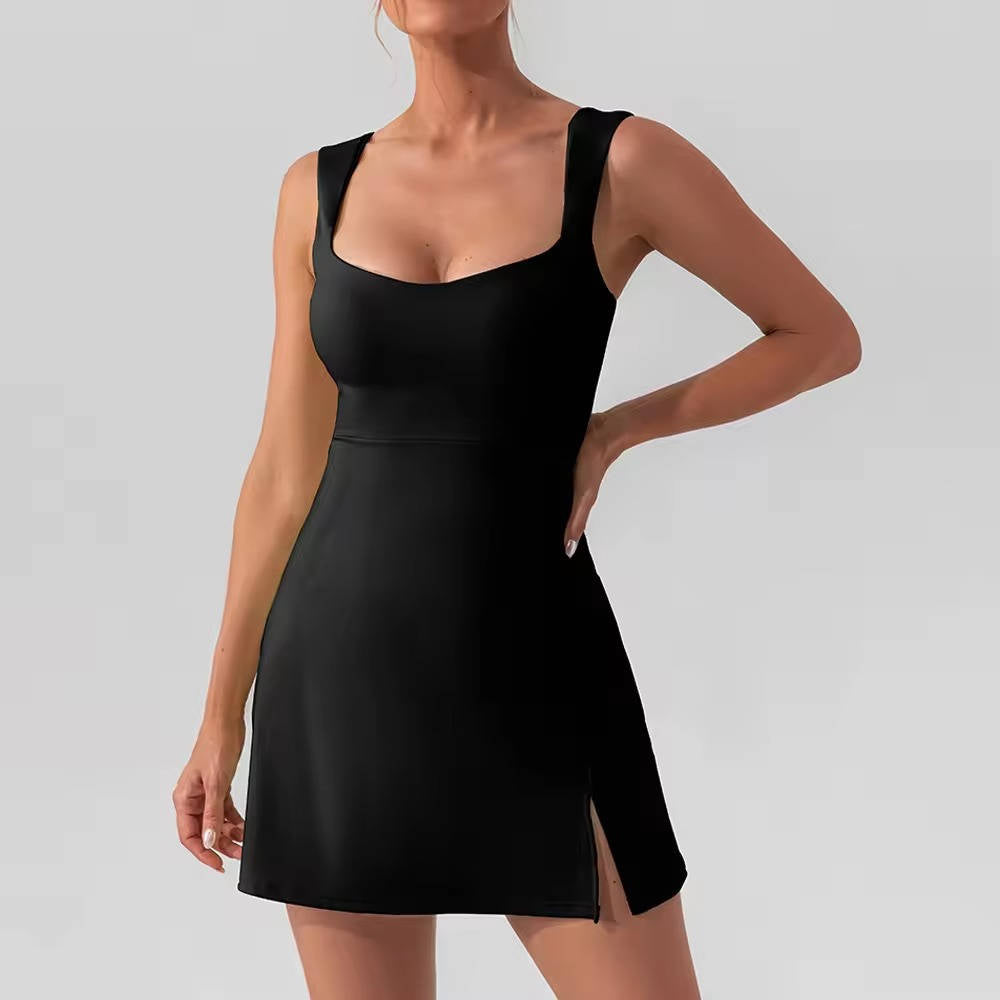 Womens Athletic Dress, Mini U Neck Sleeveless Little Dress with Built In Shorts and Pockets