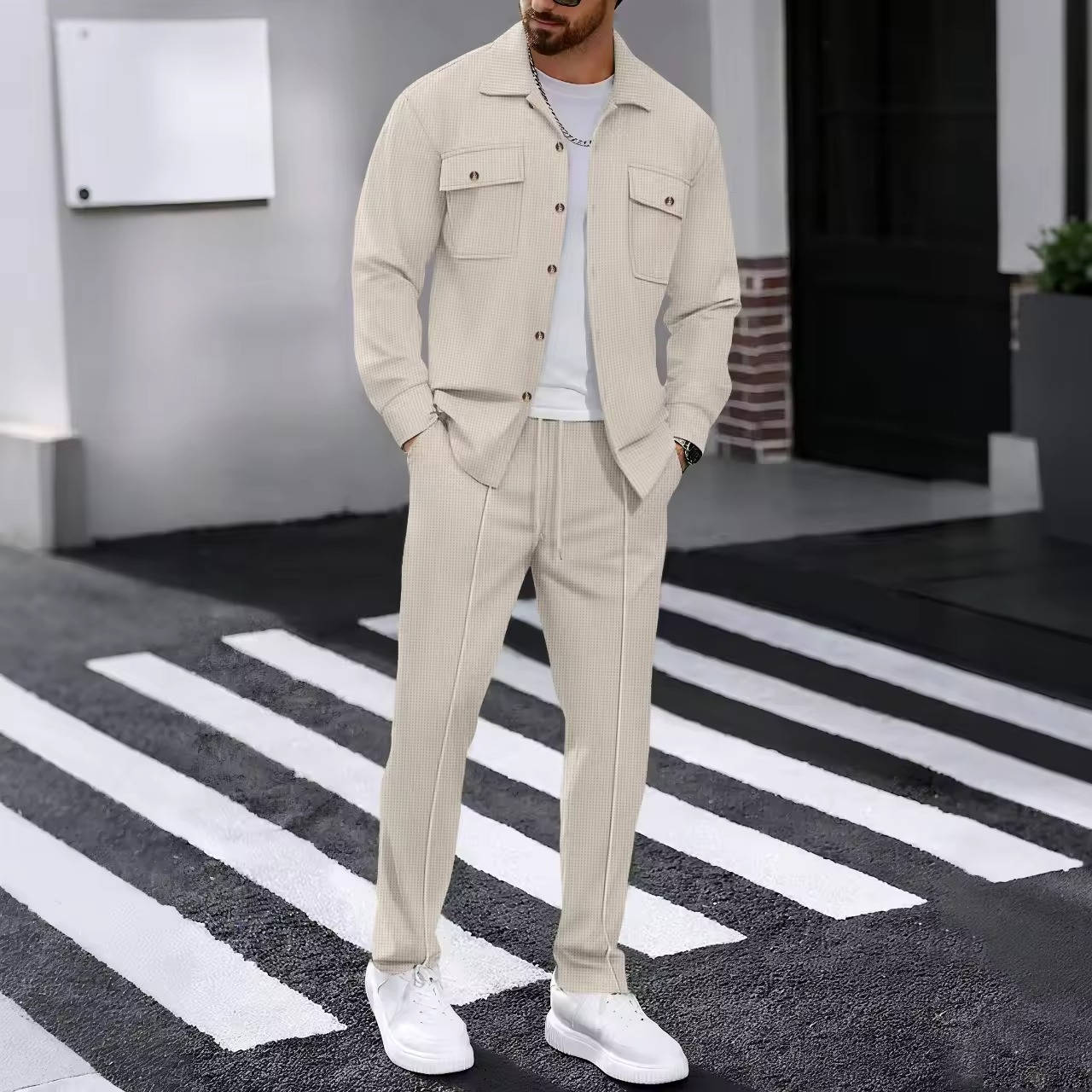 Mens 2 Piece Sweatsuit Set, Waffle Plaid Jacquard Jacket Top and Casual Pants, Fall Fashion Outfit