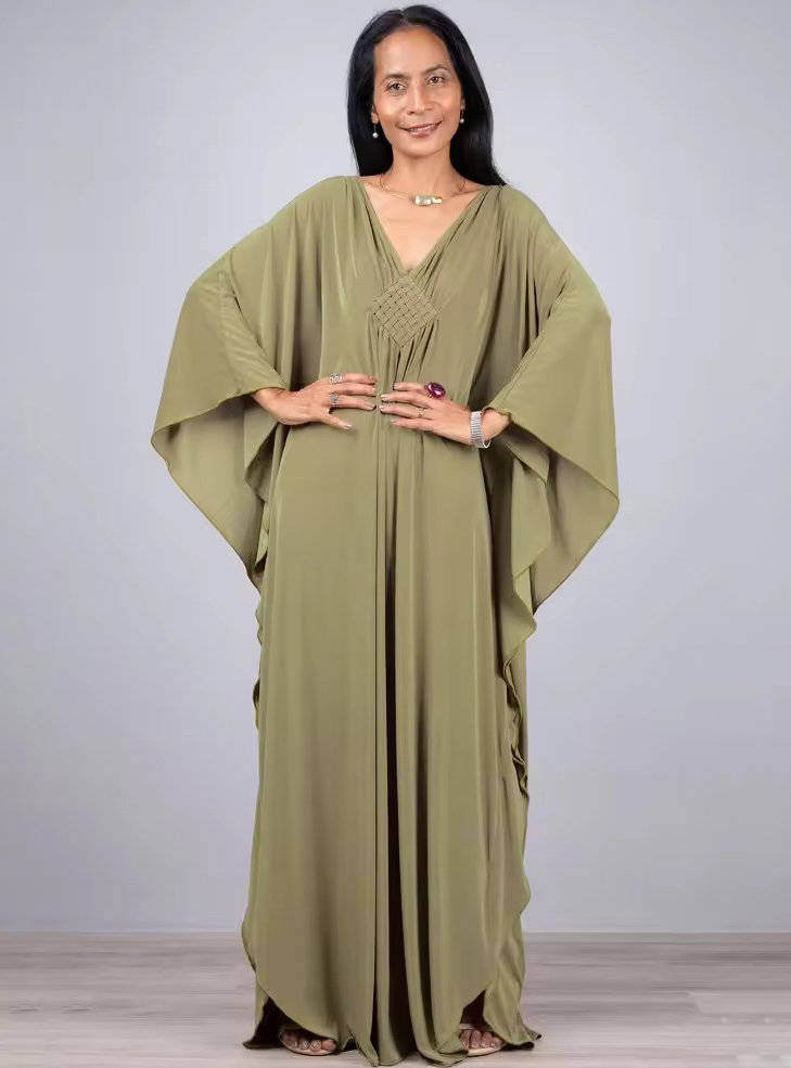 Moomoo Dresses for Women, Plus Size V Neck Long Batwing Sleeve Floral Beach Cover Up Dress