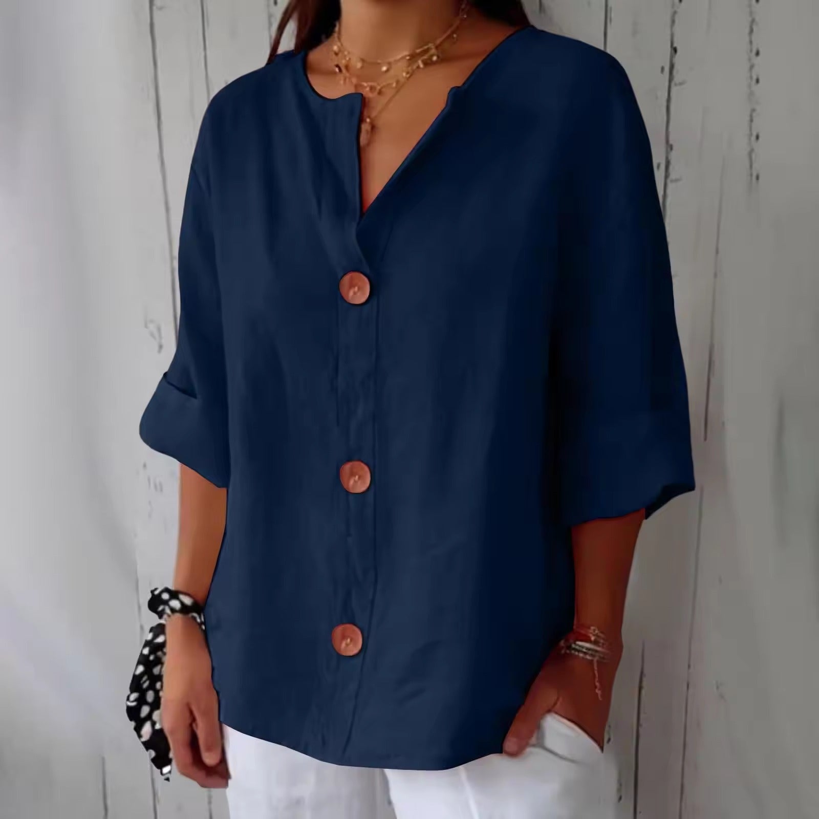 Women's Casual Blouse, Short Sleeve V Neck Top, Lightweight Button Front Summer Shirt
