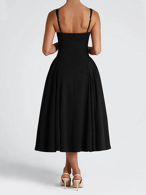 Womens Square Neck A Line Midi Dress, Elegant Wedding Guest and Evening Party Dress