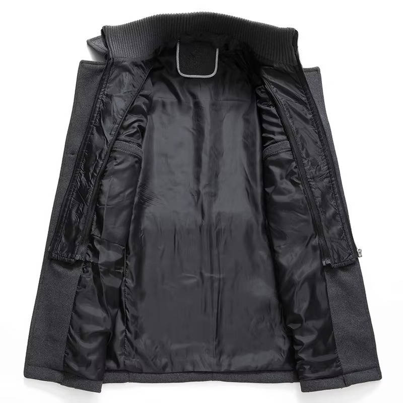 Men's Tweed Wool Coat, Korean Style Business Jacket, Double Neck, Front Zipper & Button Detail
