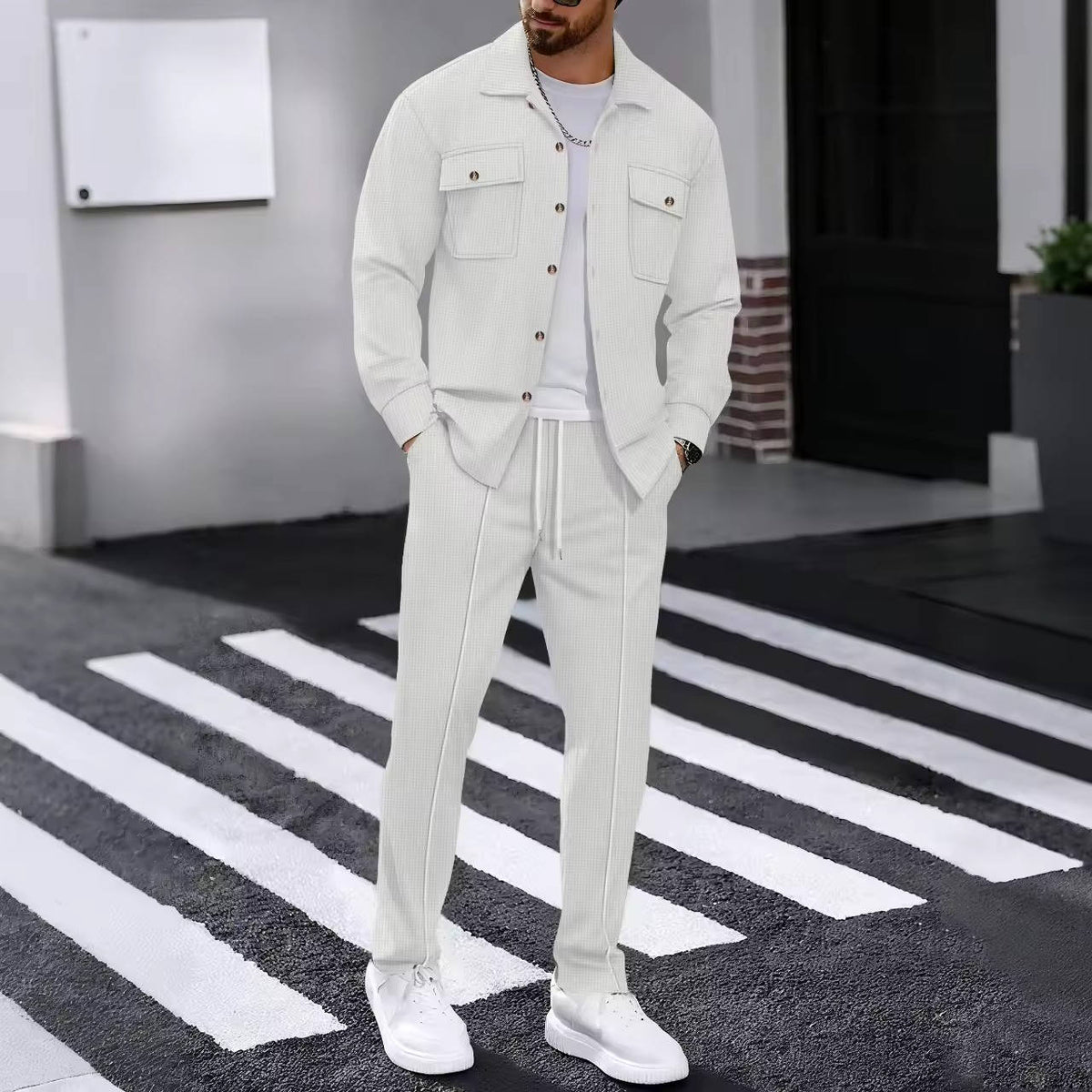 Mens 2 Piece Sweatsuit Set, Waffle Plaid Jacquard Jacket Top and Casual Pants, Fall Fashion Outfit