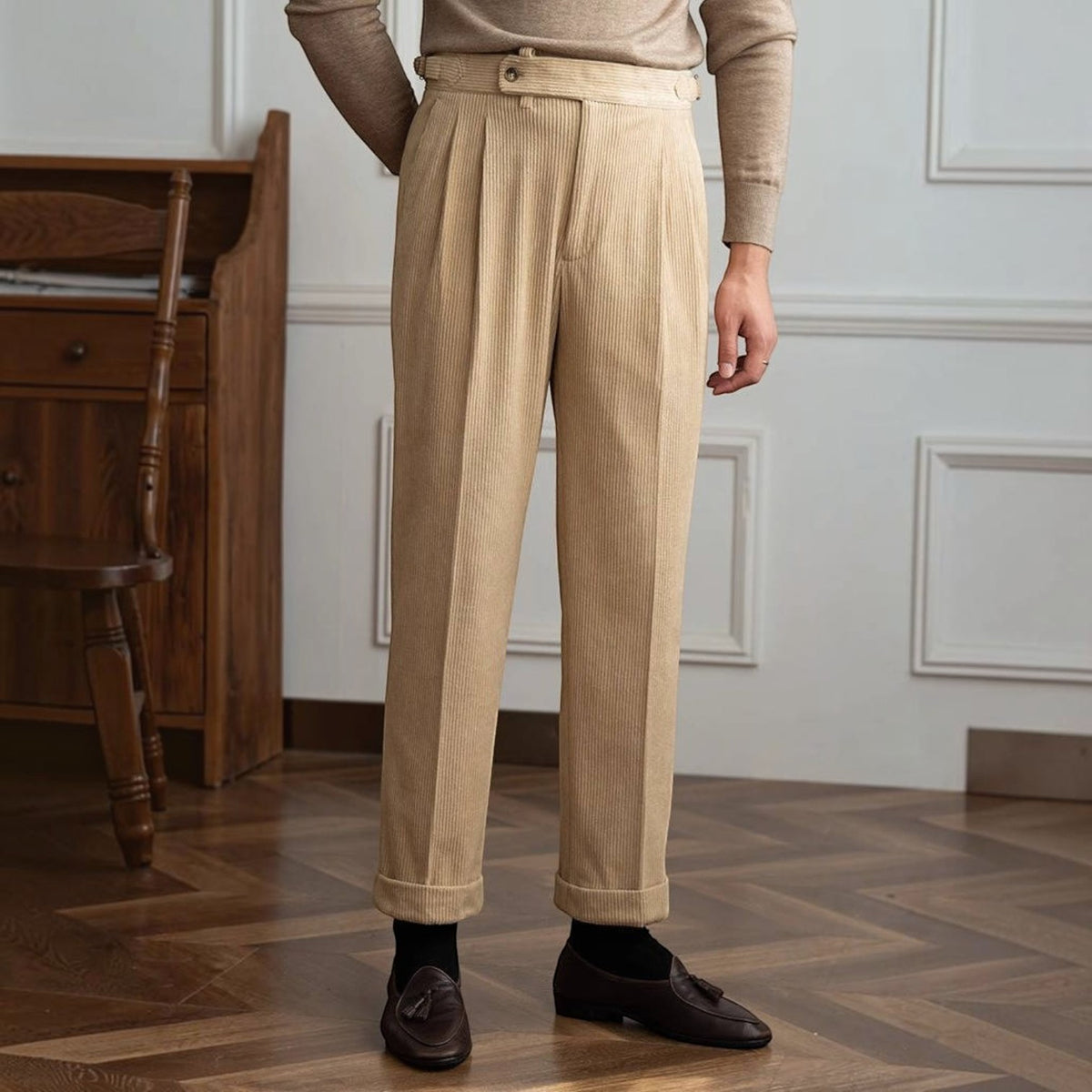 Mens Corduroy Dress Pants, Classic Fit, Soft Ribbed Fabric Formal Casual Trousers