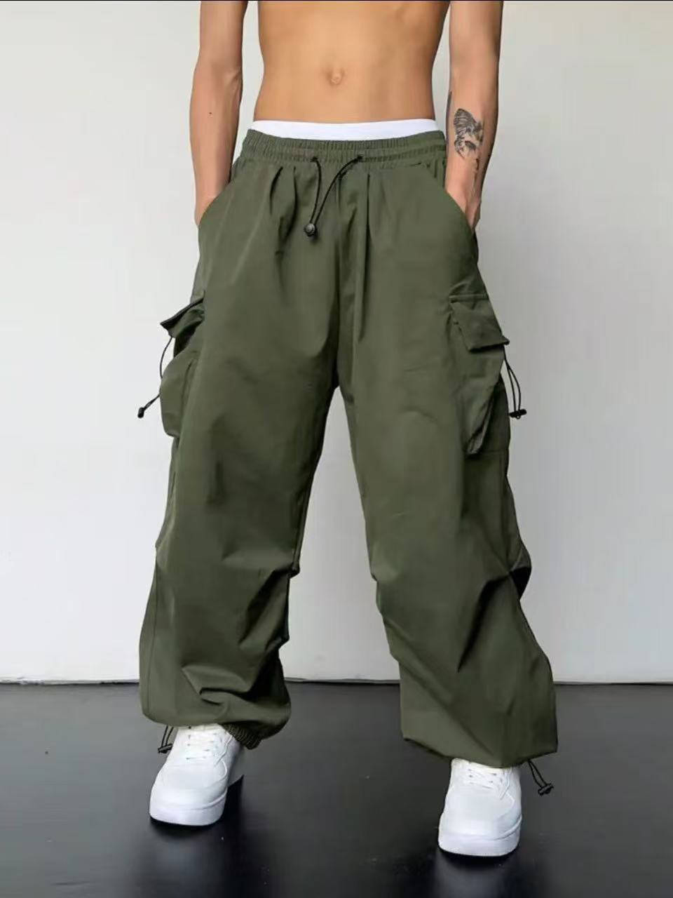 Mens Cargo Pants, Loose Fit Baggy Parachute Pants, Drawstring Waist Casual Trousers