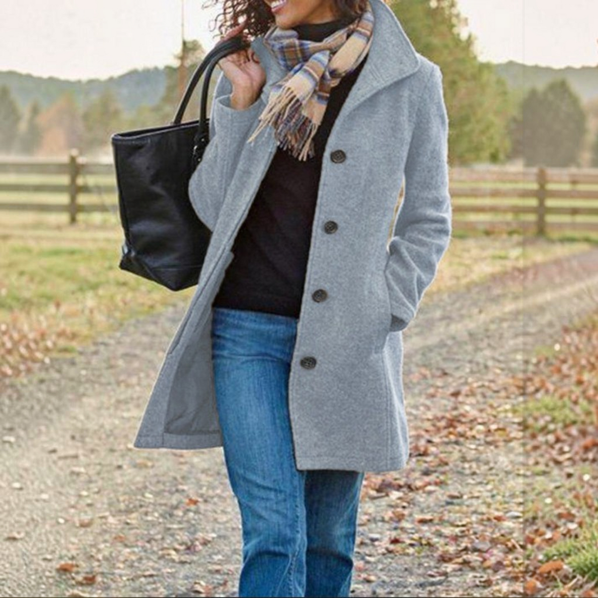 Womens Wool Blend Pea Coat, Button Front, Long Sleeve Winter Jacket
