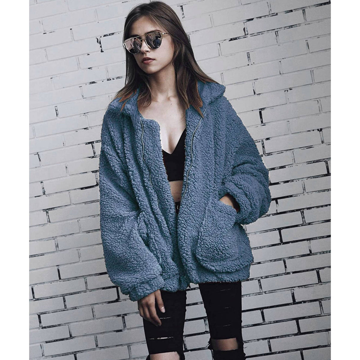 Womens Oversized Sherpa Fleece Coat, Warm Winter Outerwear