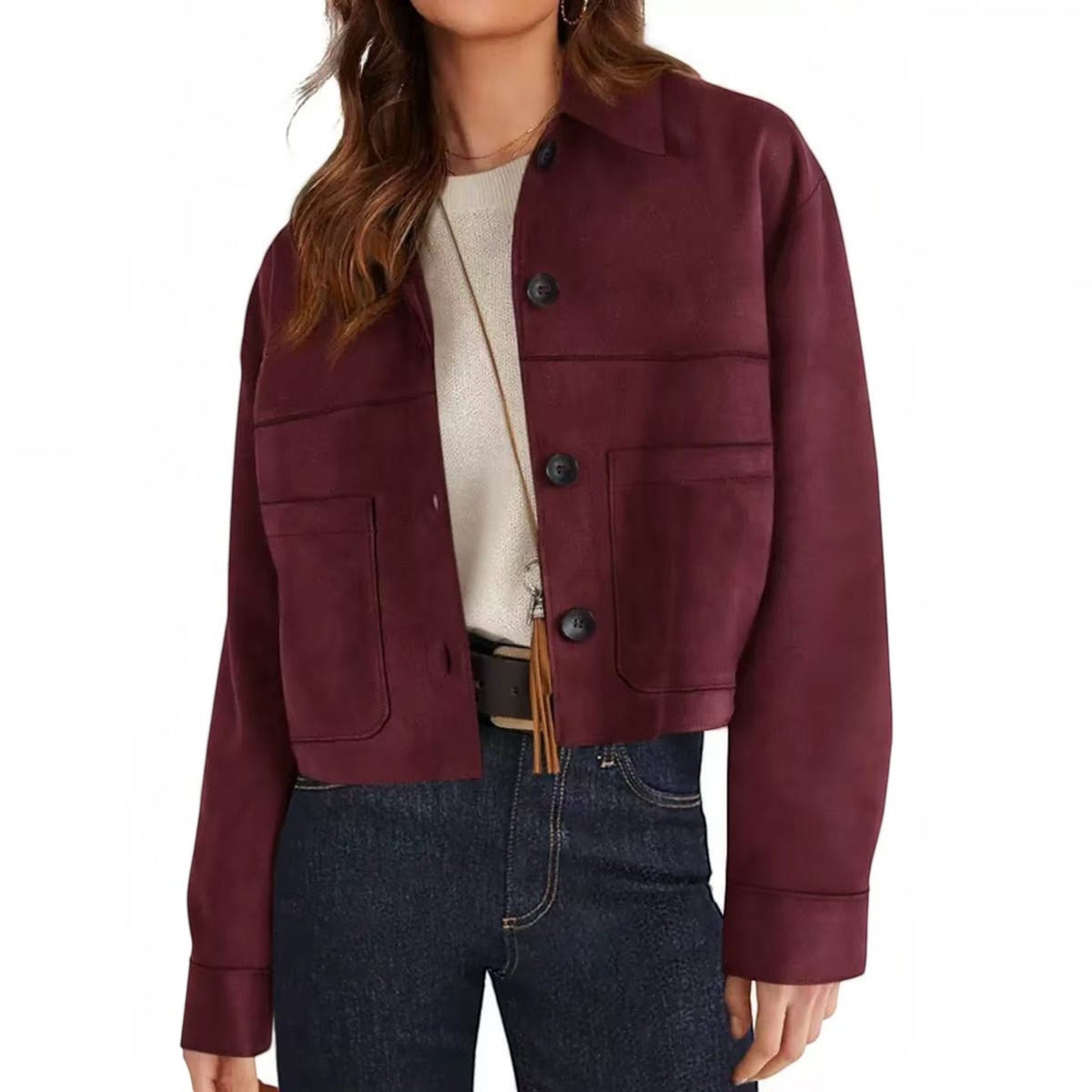 Womens Faux Suede Cropped Jacket, Lightweight Button Down Collared Shacket with Patch Pockets