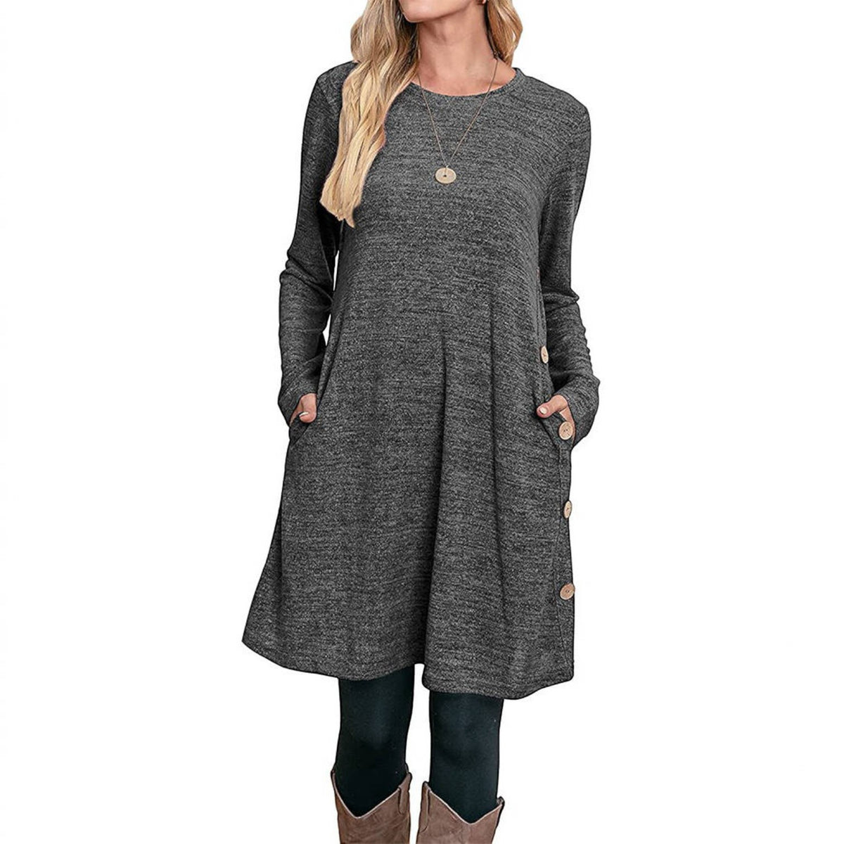 Womens Fall Dress, Crew Neck Long Sleeve Dress, Casual Midi Dress with Pockets