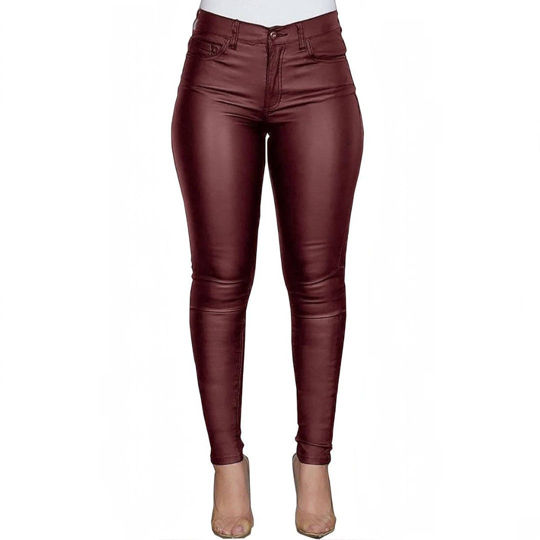 Womens Leather Pants, High Waist Skinny Thermal Lined Leggings, Casual Slim Fit Trousers