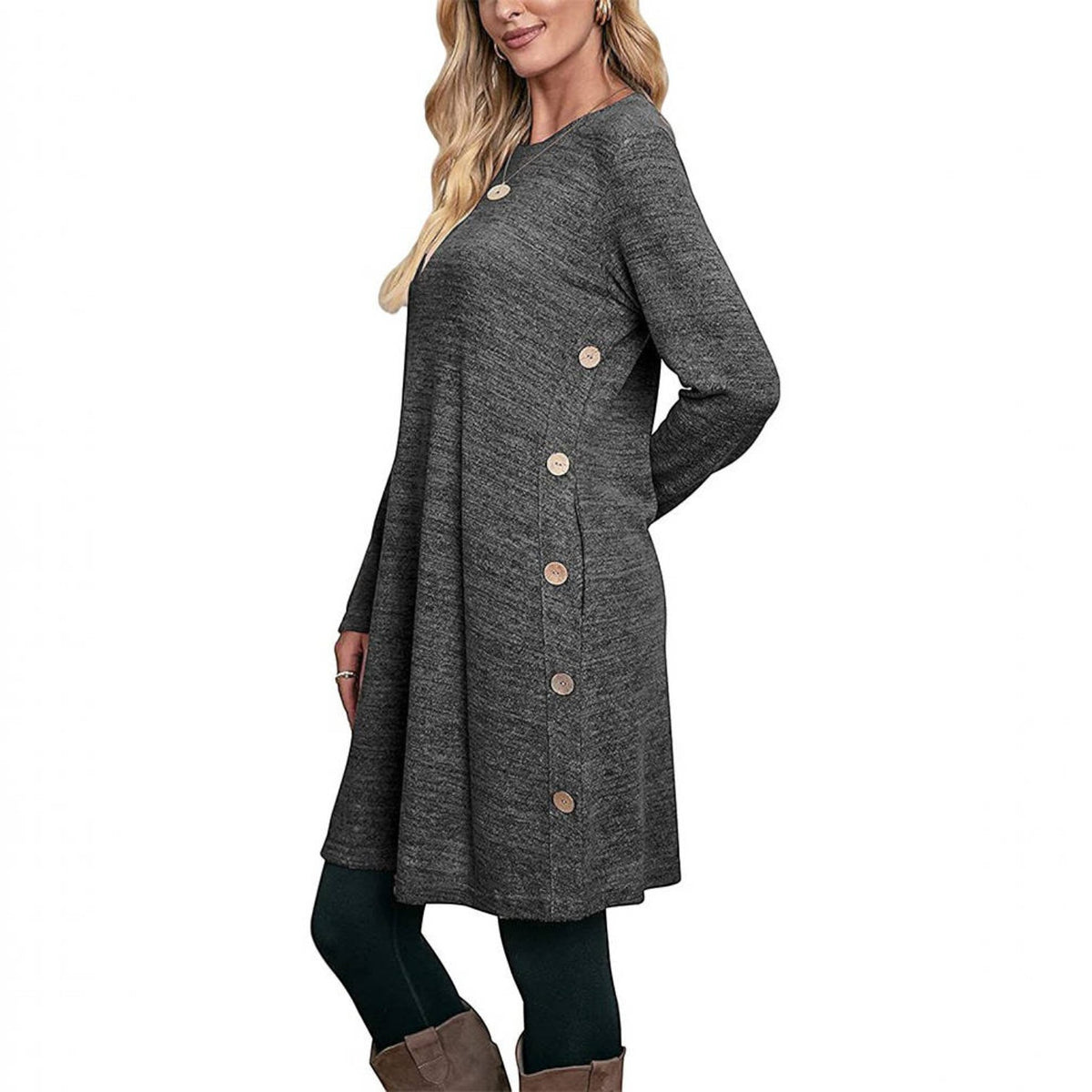 Womens Fall Dress, Crew Neck Long Sleeve Dress, Casual Midi Dress with Pockets