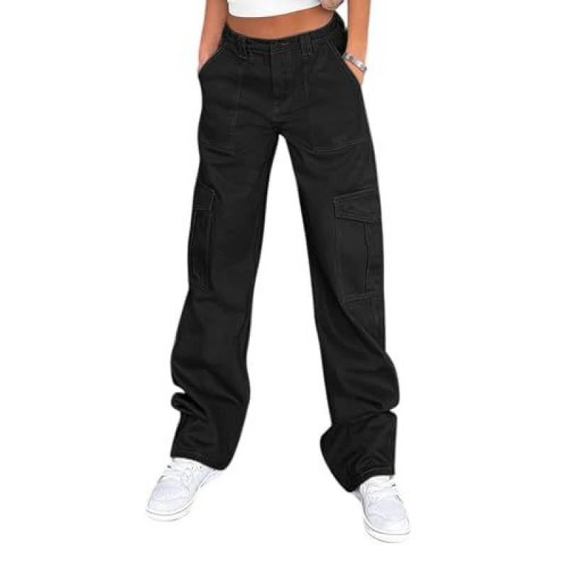 Womens Cargo Pants, High Waisted Wide Leg Baggy Pants, Stretchy Casual Y2K Streetwear with 6 Pockets