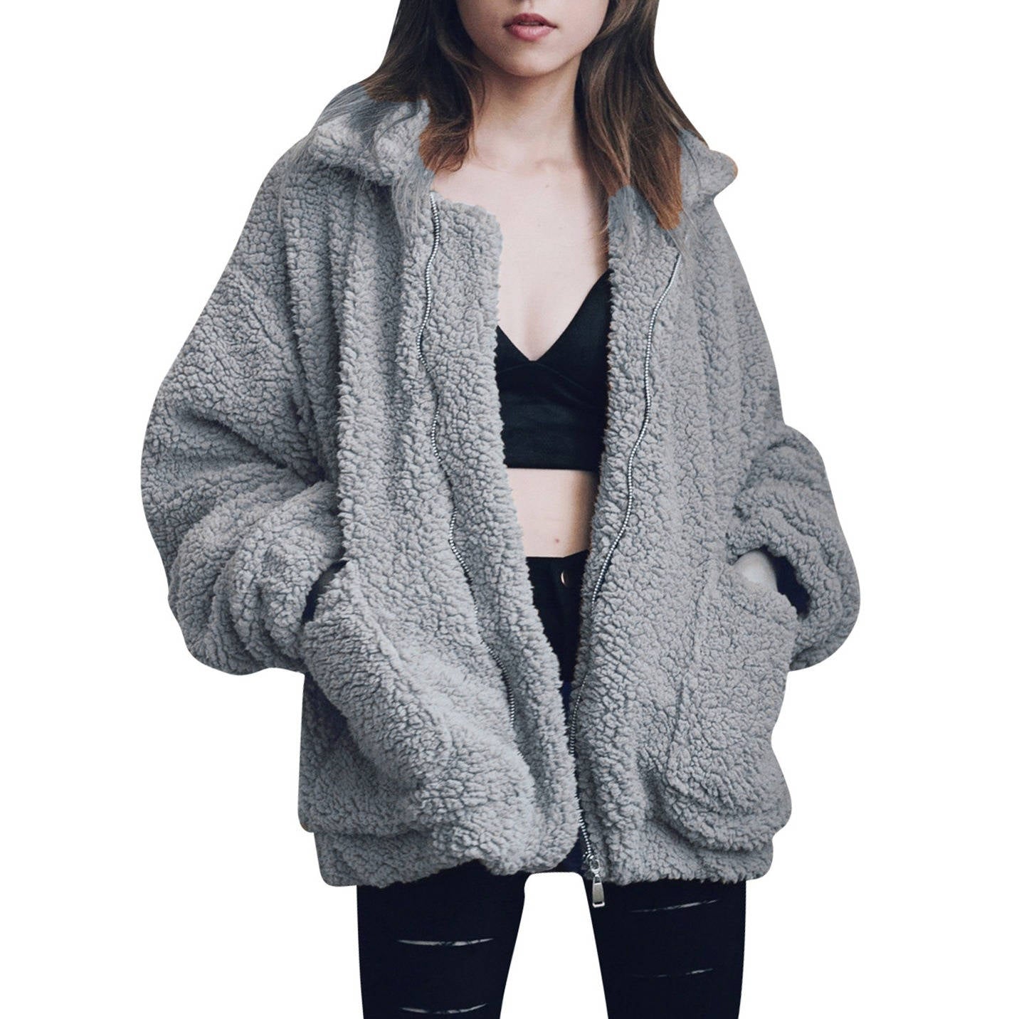 Womens Oversized Sherpa Fleece Coat, Warm Winter Outerwear